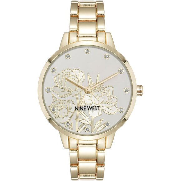 Nine West Women's  Gold Floral Crystal Accented Bracelet Watch - Picture 1 of 4